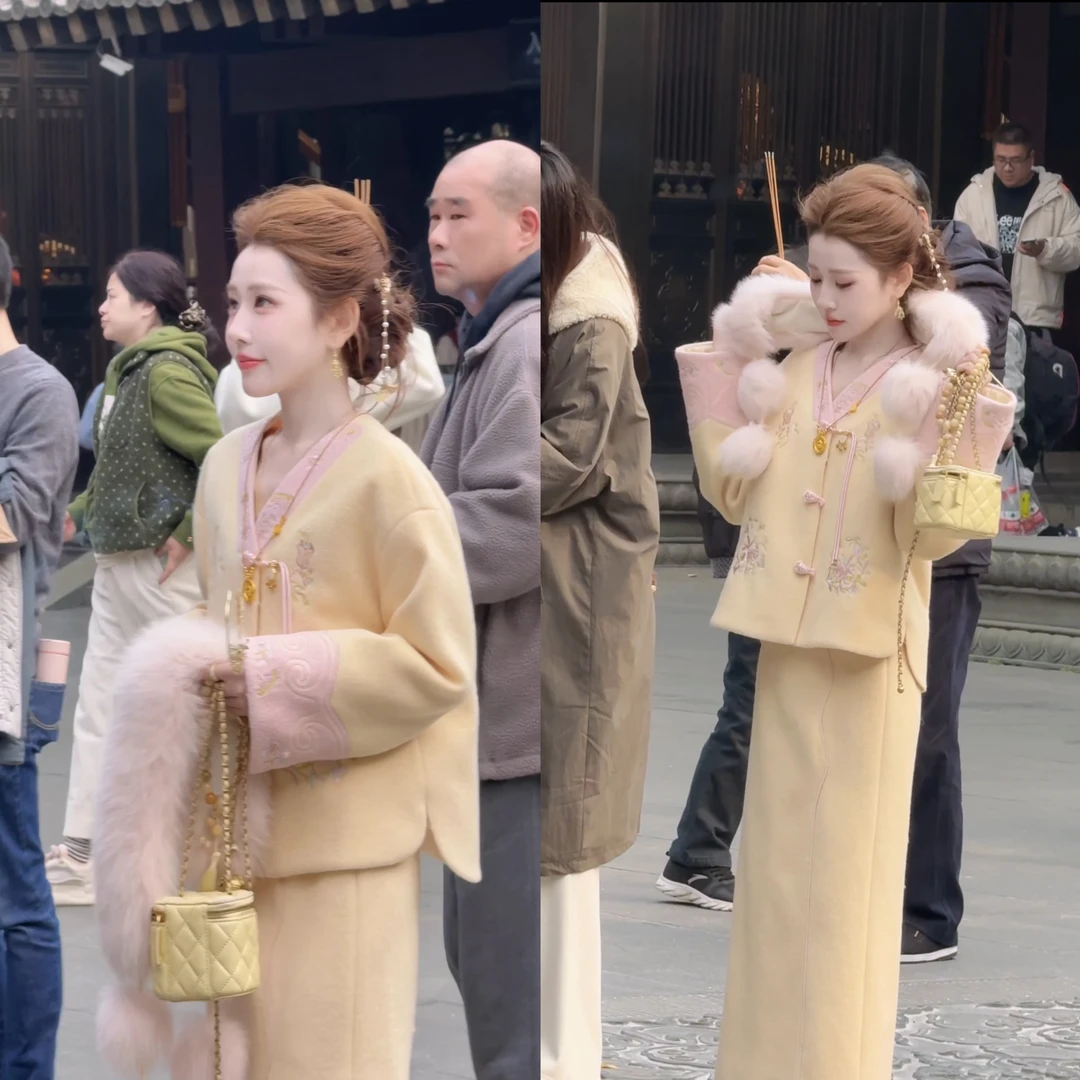 【婷婷】《下江南》 粉色的柔 黄色的贵 撞色羽绒国风套装TT2SDTH2809