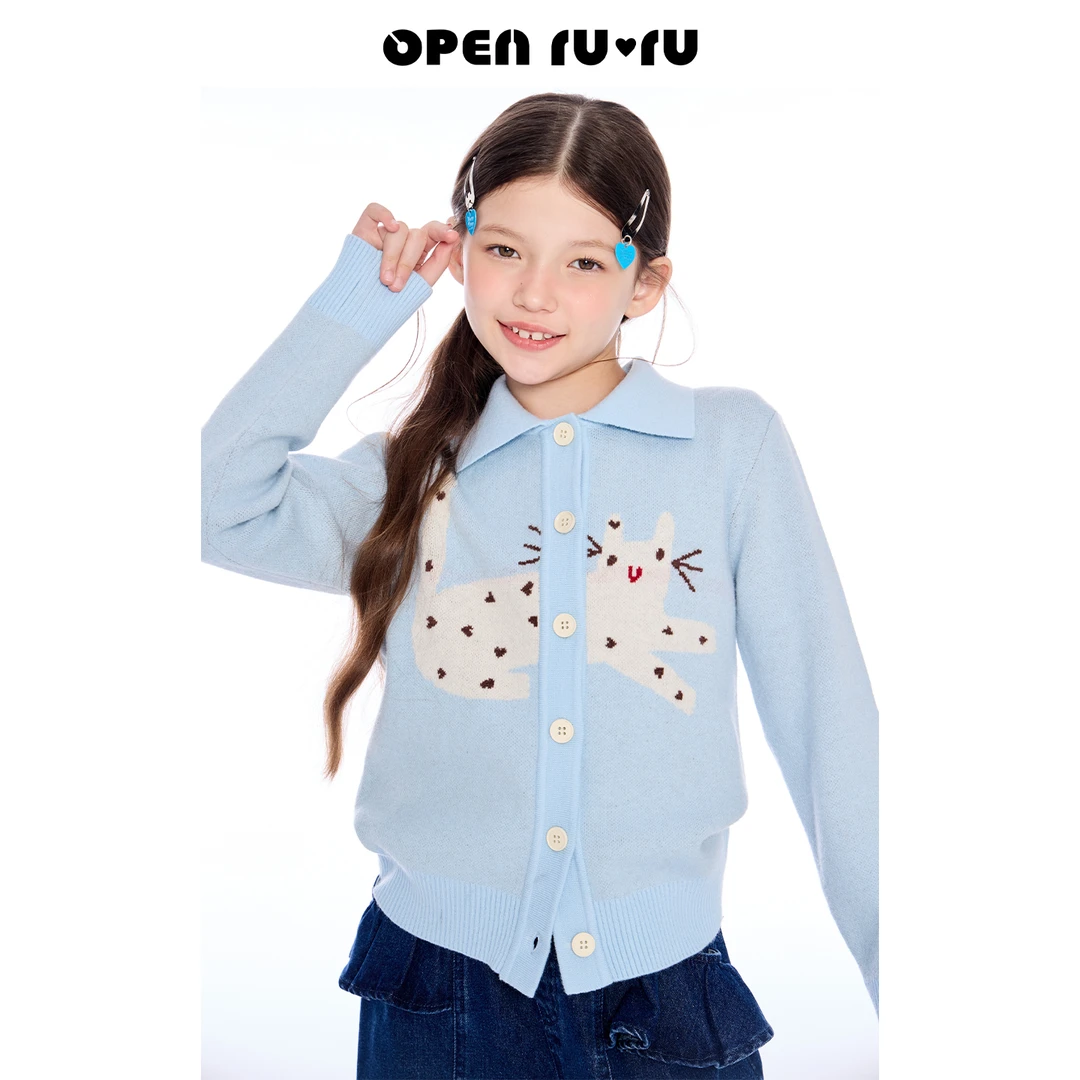 Opennunu女童猫咪提花设计感翻领毛衣开衫秋季亲肤保暖针织衫