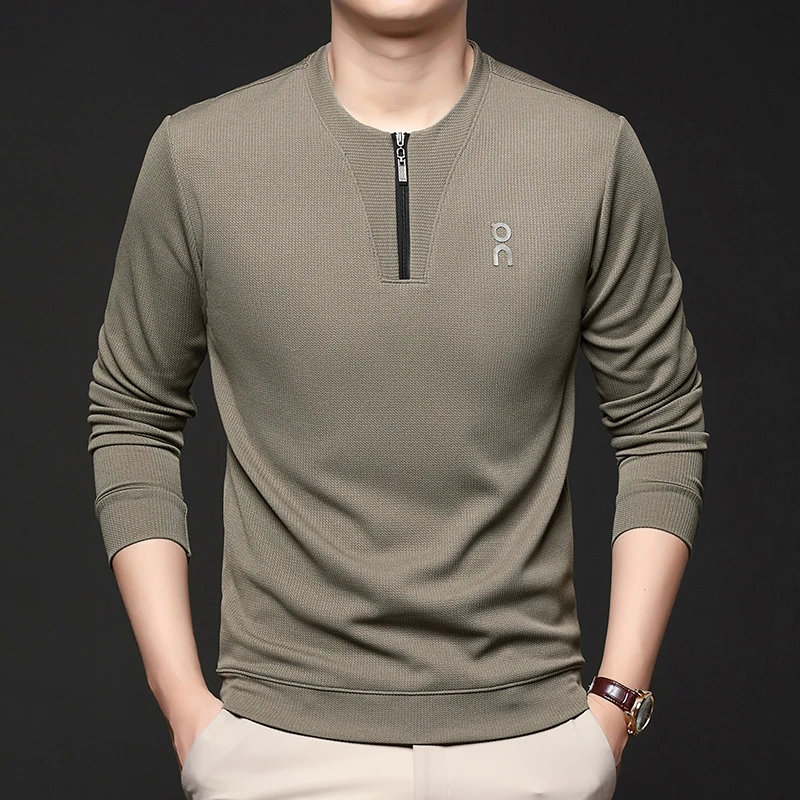 春秋款新款潮流男装男士休闲时尚纯色T恤拉链圆领长袖打底卫衣衫