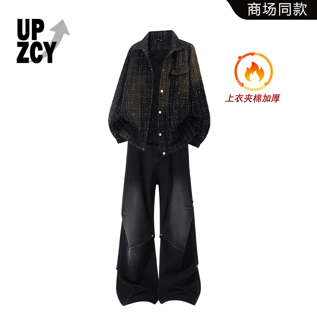 UPZCY美式街头潮流时尚加绒夹克套装2025男士秋冬新款水洗牛仔裤