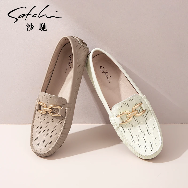 沙驰女鞋冲孔透气豆豆鞋舒适蛋卷鞋2025年春夏季新款平底舒适百搭