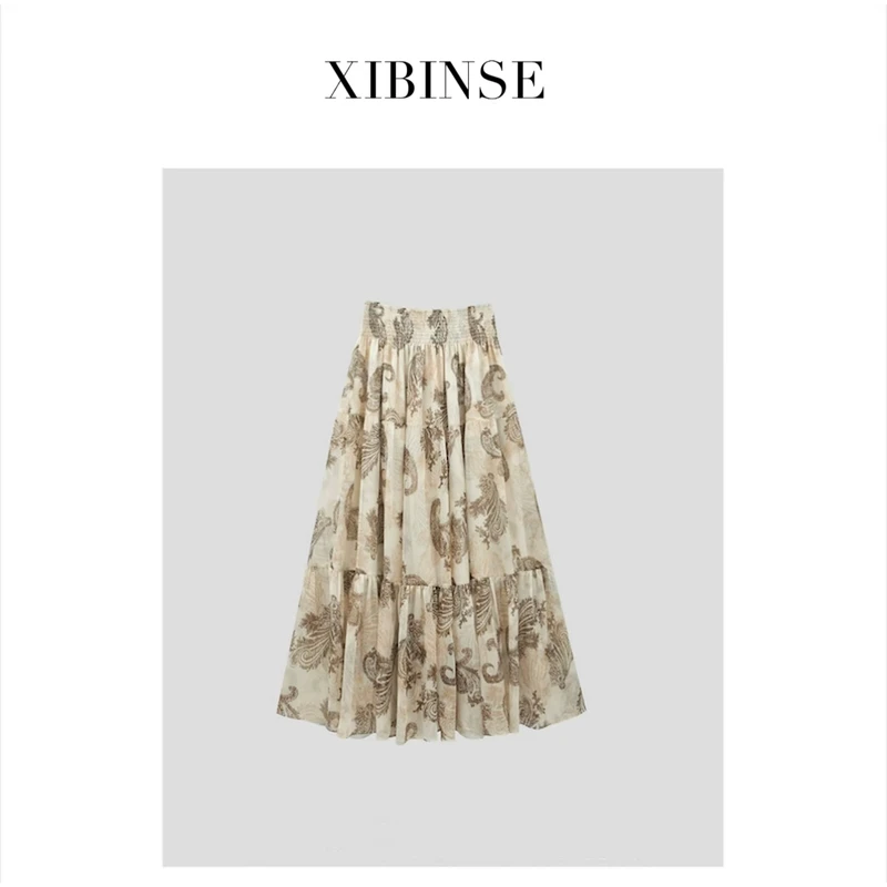XIBINSE 香槟金色 少女百搭长半裙 伞裙高腰夏季长款 香槟金D012