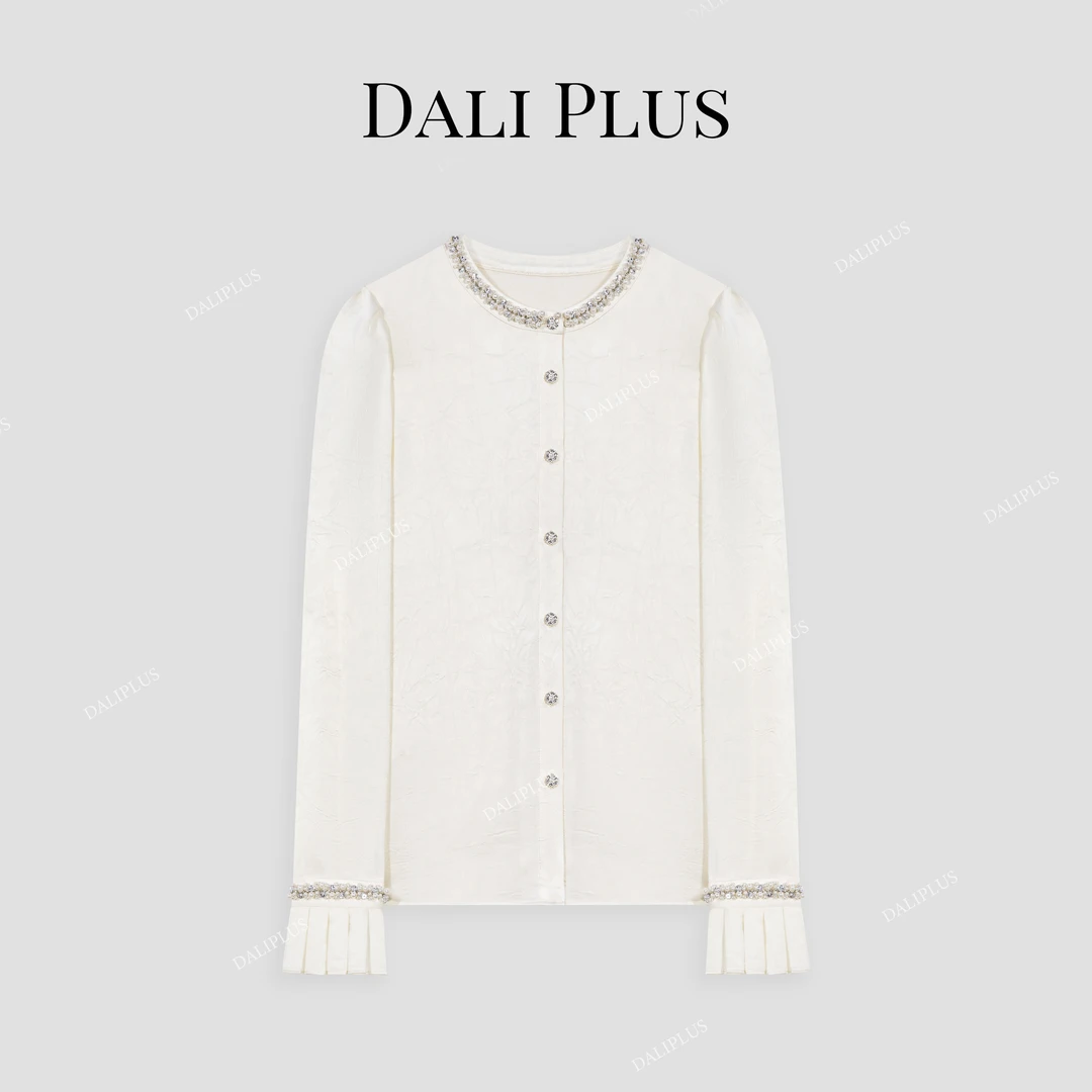 DALI PLUS重工钉珠设计宽松压褶花边泡泡袖气质长袖衬衫-D4XY0342