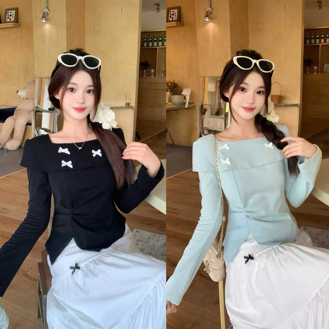 2025秋季新款胖mm大码女蝴蝶结一字肩长袖T恤设计感修身上衣