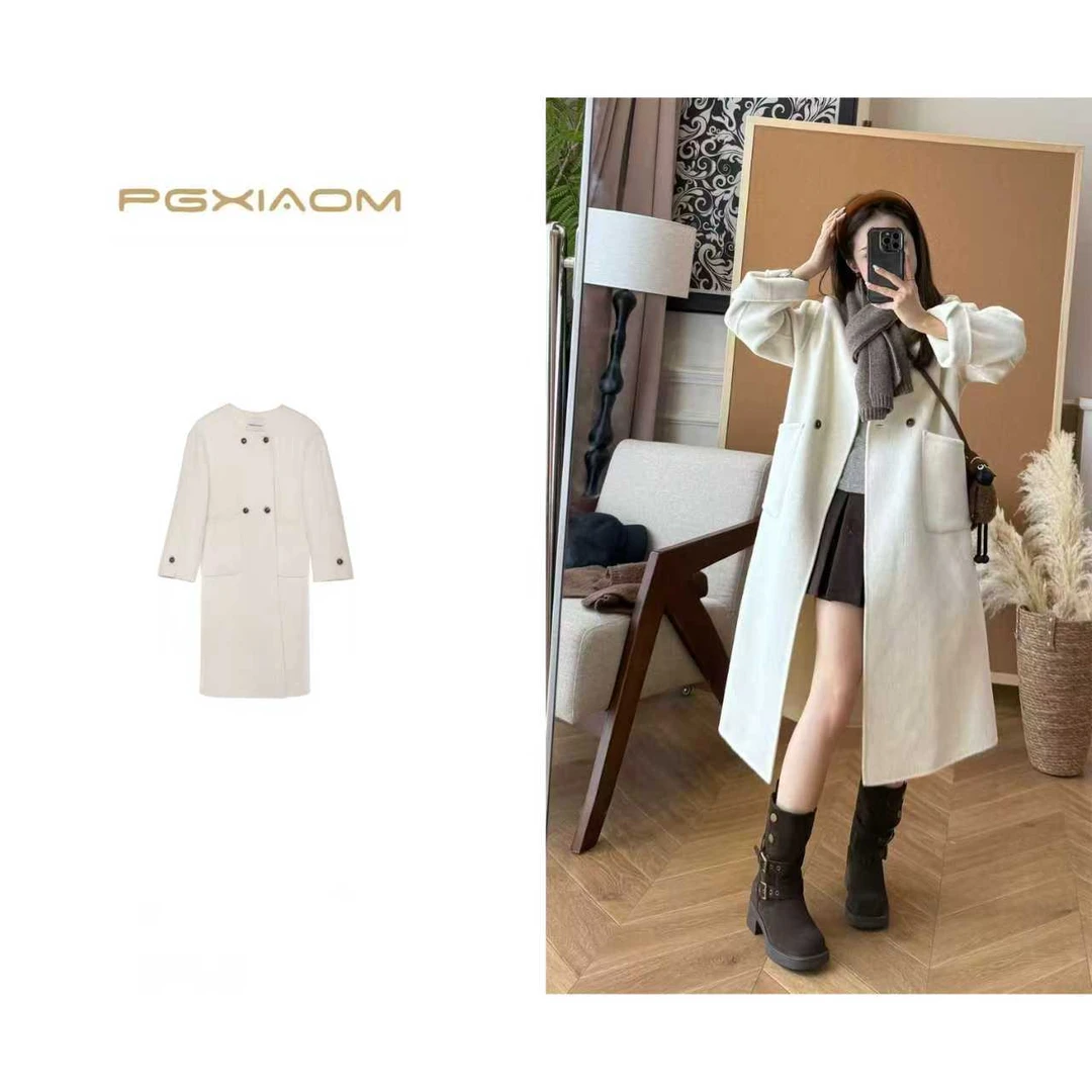 【PGXIAOM】润秀定制米白色圆领慵懒风羊毛大衣DY4328