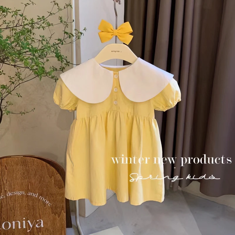韩系洋气大翻领女童2025新款儿童夏季可爱兔夏装连衣裙N0044