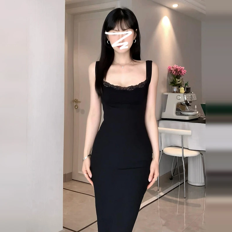 黑色蕾丝吊带法式掐腰连衣裙子女装夏季2025新款性感包臀绝美长裙