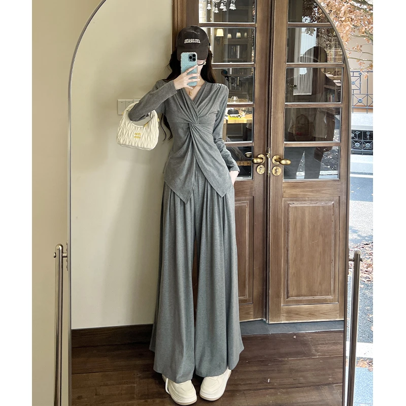 韩版时尚纽结修身V领长袖上衣女2025秋季高腰宽松拖地裤套装显瘦