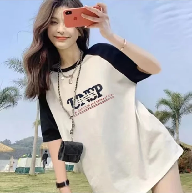 哺乳服黑白拼接短袖t恤女夏中长款宽松纯棉圆领孕妇喂奶遮屁上衣