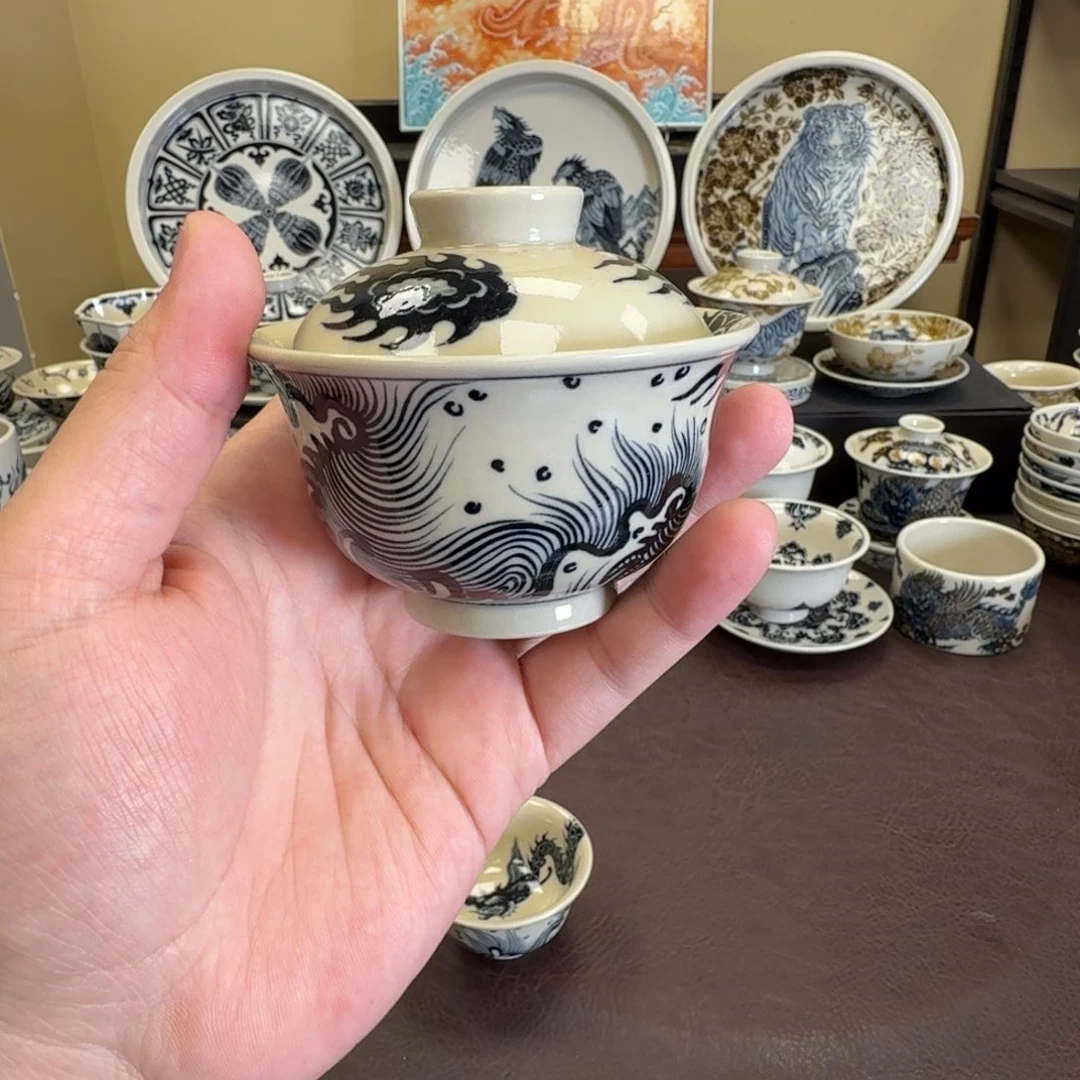 陶摆件过肩龙小盖碗元经秘旨