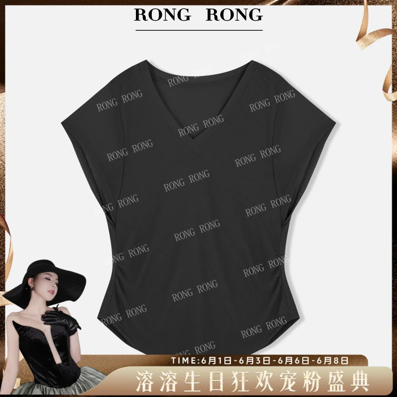 溶溶【朦胧夏夜】RONGRONG V领褶皱收腰圆弧下摆清透网纱T恤T-B0072