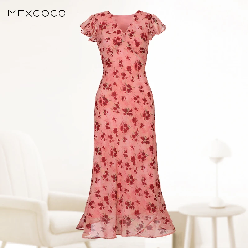 MEXCOCO/兰瑟儿夏季新款女人味V领飞飞袖包臀印花连衣裙105XL2838