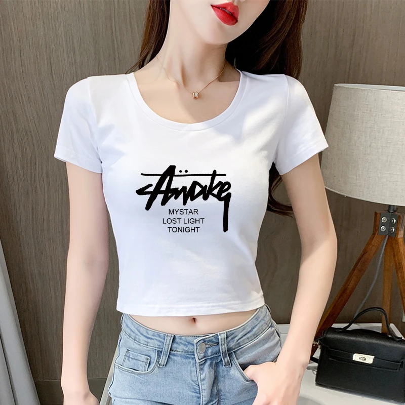 白色短款t恤女纯棉短袖夏季女装半袖高腰修身露脐上衣小个子体恤