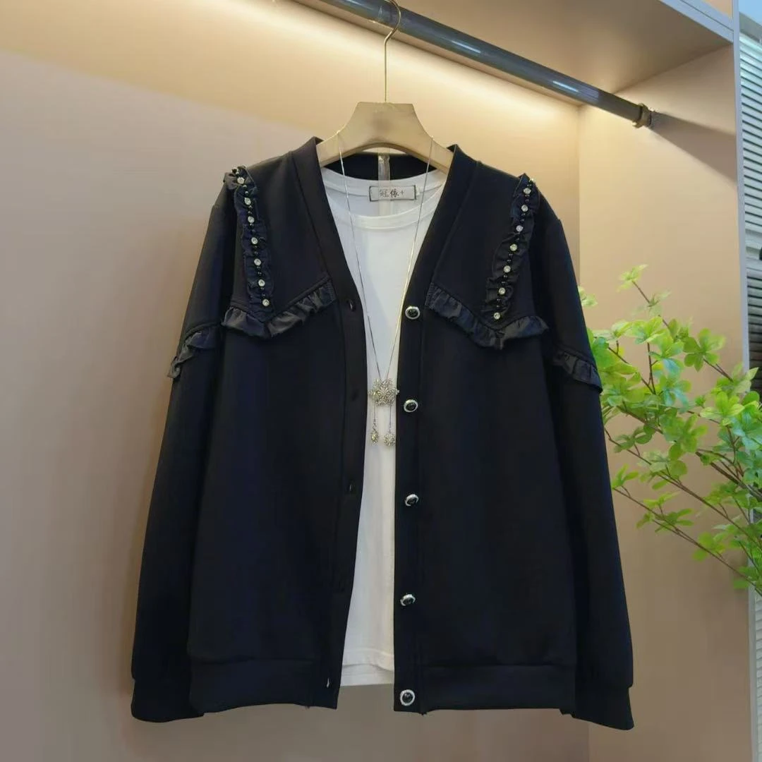 时尚新款简约百搭拼接花边设计感休闲百搭显瘦外套（长62左右）