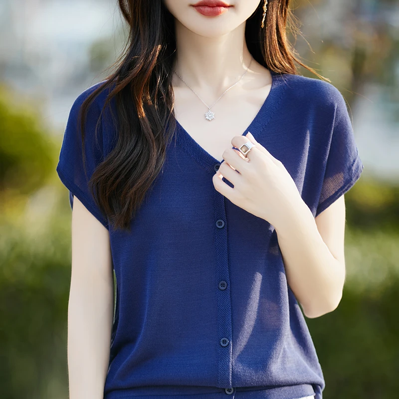 哥弟阿玛施正品会呼吸的面料针织衫短袖女夏季新款飞飞袖上衣薄款