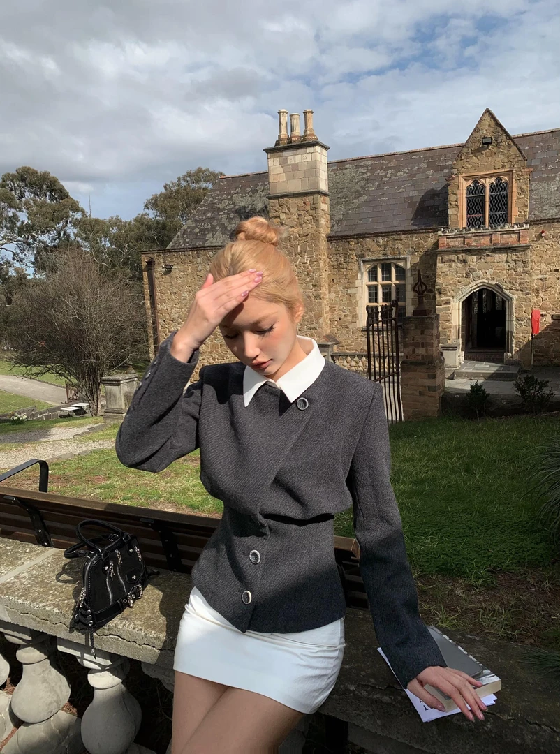 复古设计感假两件解构收腰短款毛呢外套高腰显瘦性感辣妹包臀短裙