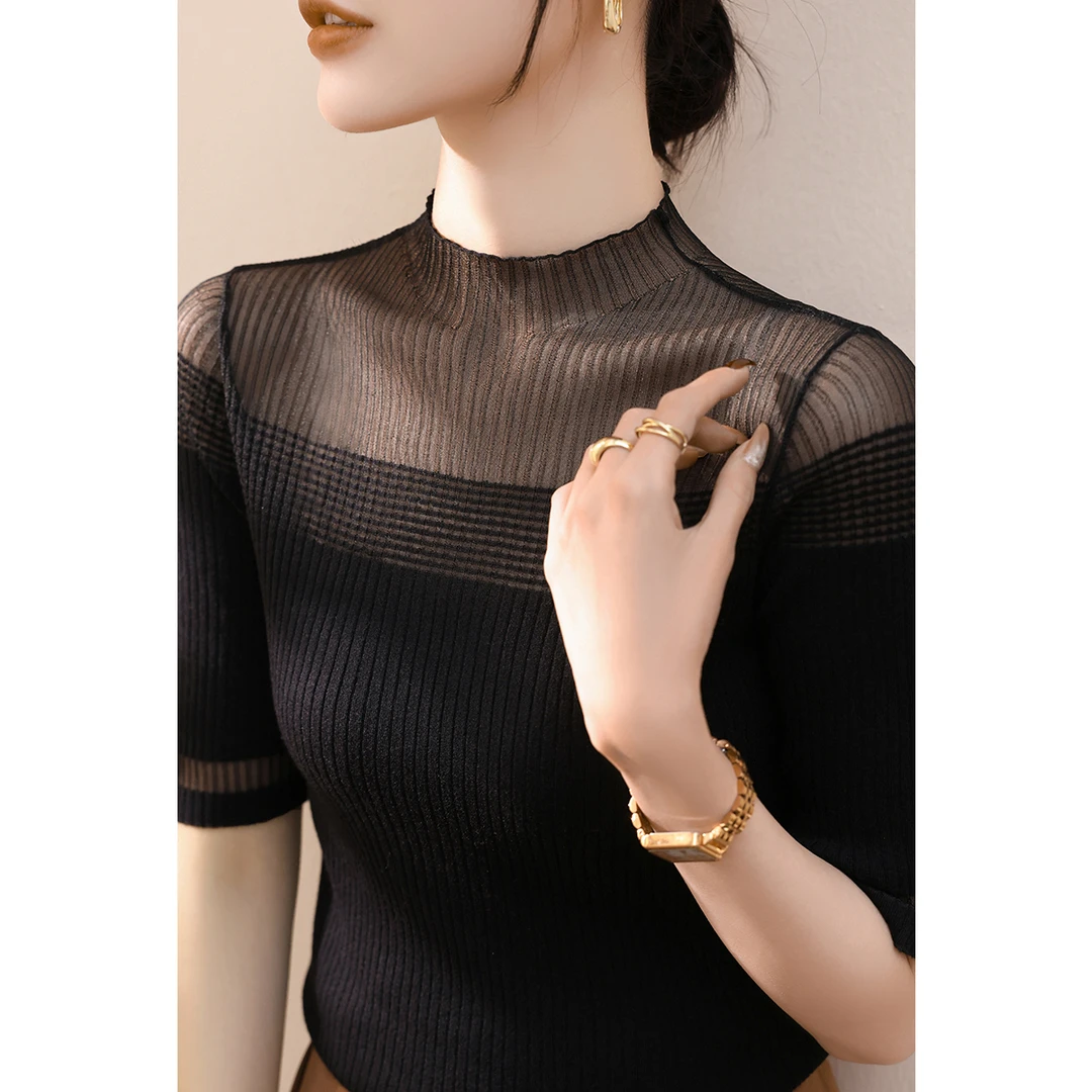 法式薄款黑色蕾丝镂空半高领修身针织衫女早秋季穿搭打底中袖上衣