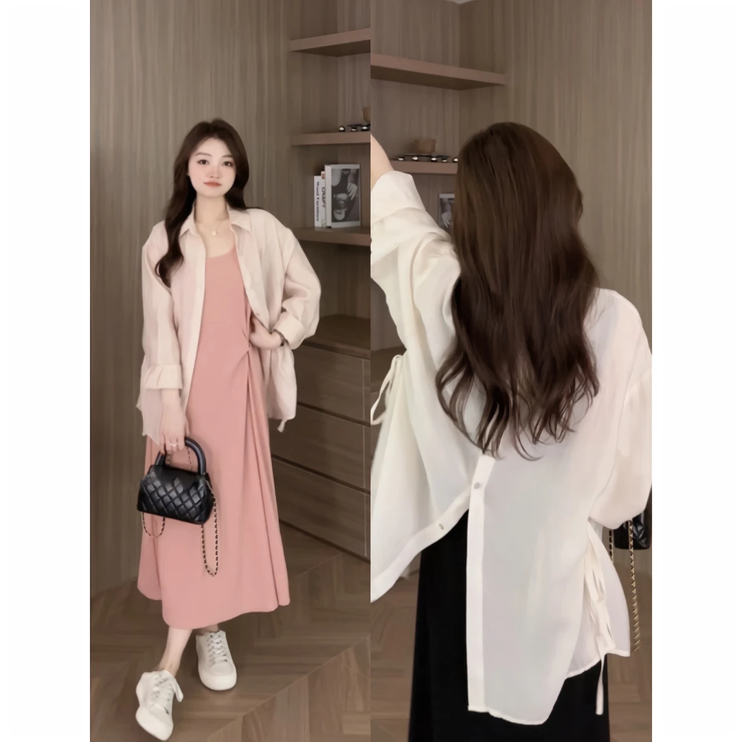 大码女装高级感盐系轻熟时尚后开叉衬衫2025新款宽松显瘦长裙
