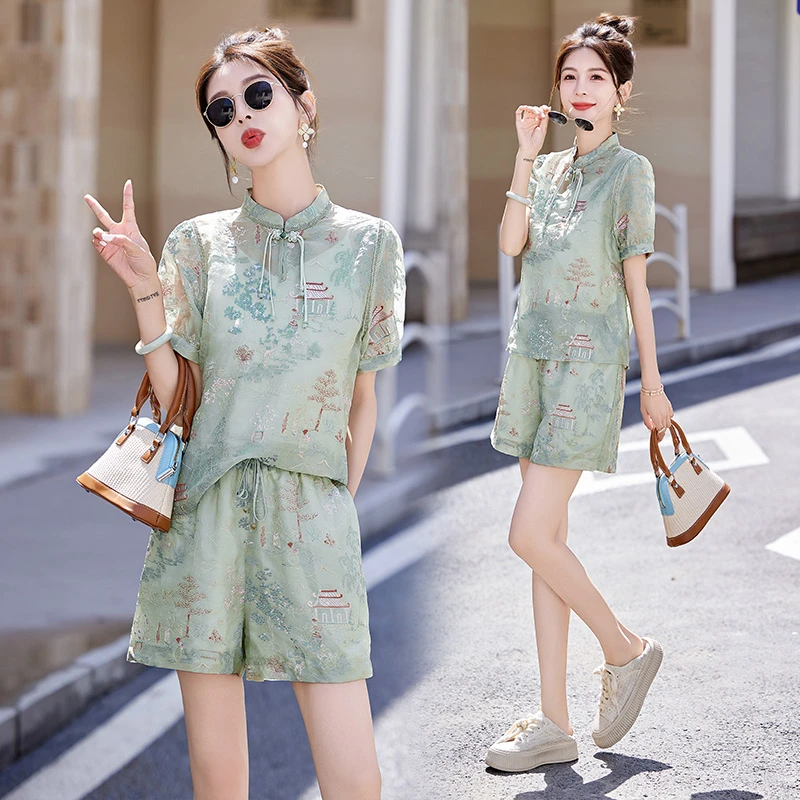新中式国风短裤套装女2025夏季新款复古盘扣刺绣短袖小个子两件套
