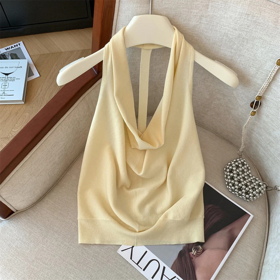 法式高级感挂脖露肩荡领吊带女夏季新款修身显瘦气质美背无袖上衣