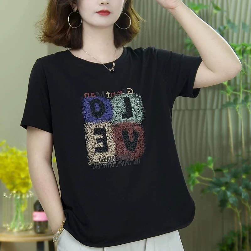 2025新款妈妈装夏季棉质T恤下摆开叉宽松大码短袖圆领印花上衣