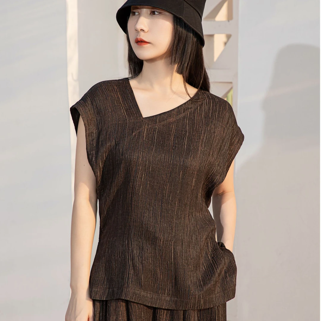 【筠涧】顺纡绉桑蚕丝香云纱显瘦宽松设计短袖气质上衣KH-S25017