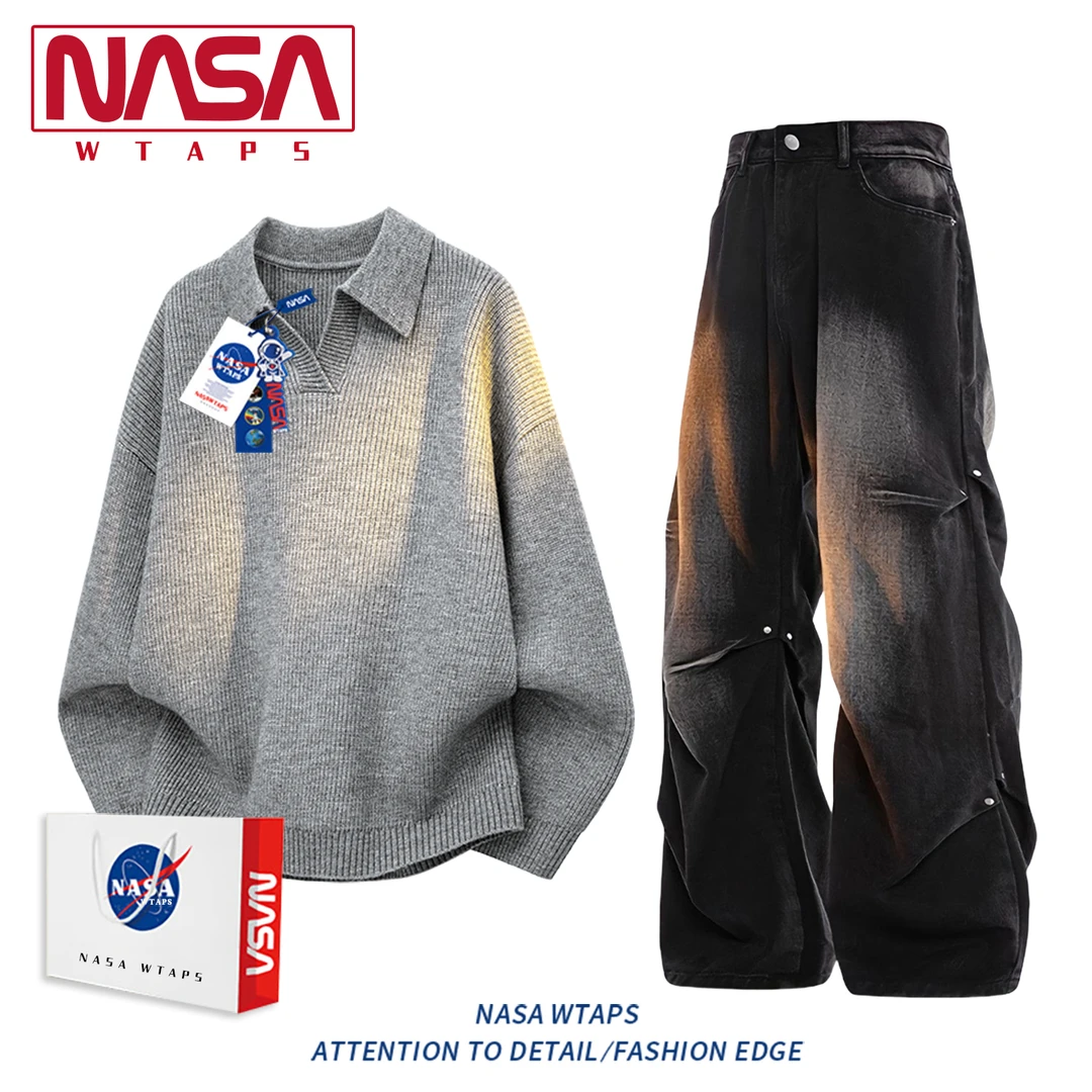 NASA WTAPS美式休闲运动套装男秋季新款宽松针织衫复古潮毛衣外套