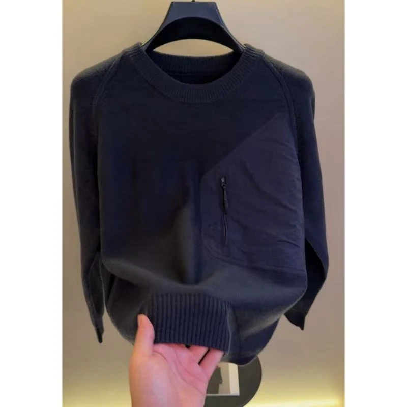 高档重工圆领拼接针织毛衣男士秋冬保暖时尚潮流打底衫男装8782