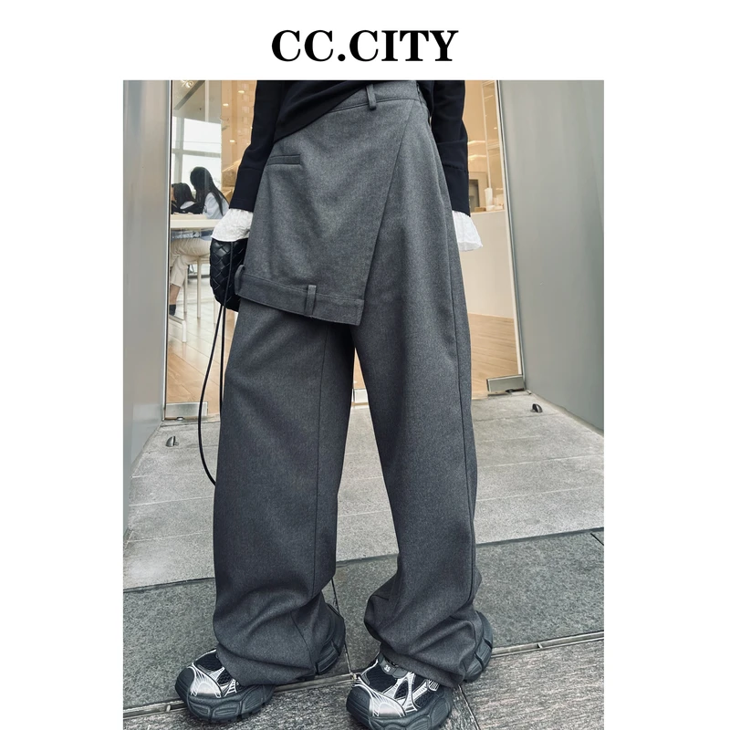 【蔡丽丽&添羽】时尚洋气个性百搭显瘦假两件直筒西裤6x322