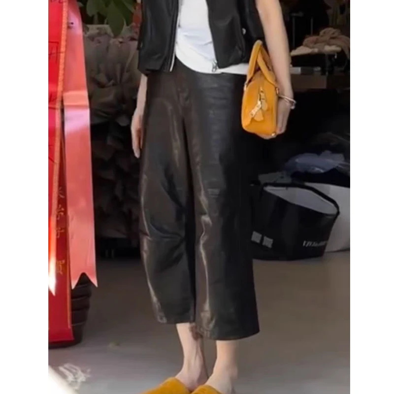 2025新款高端真皮皮裤女油蜡牛皮八分裤大码百搭显瘦时尚直筒裤