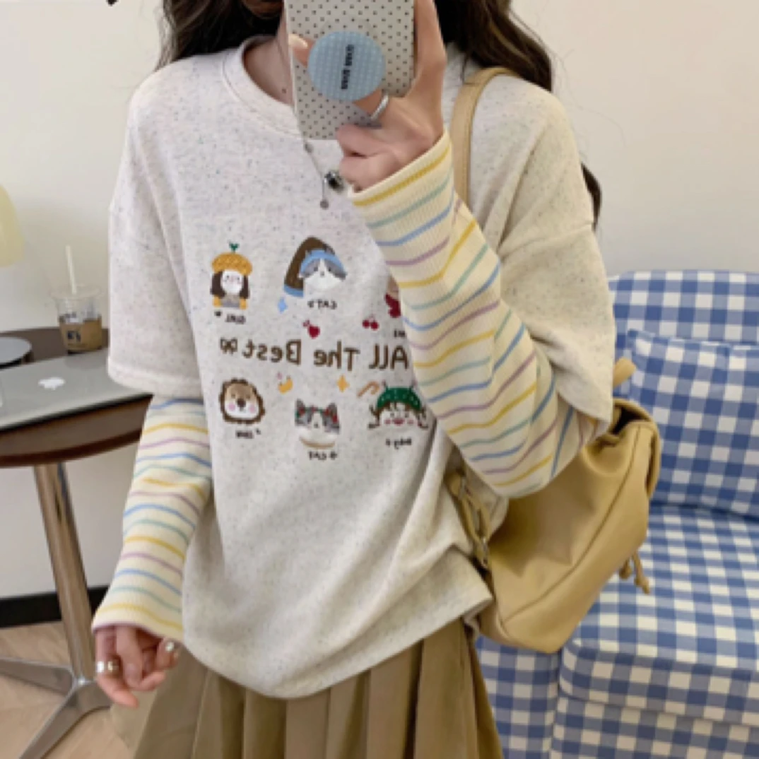 3053彩虹袖小猫重工刺绣圆领长袖假两件宽松百搭韩版东大门女卫衣