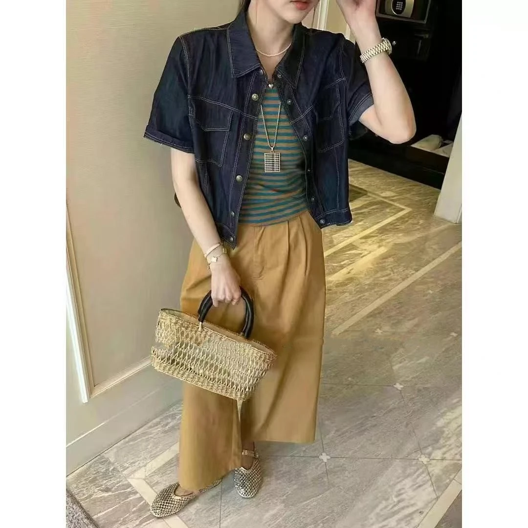 条纹吊带背心短袖牛仔短外套直筒休闲裤套装2025女装夏三件套8851