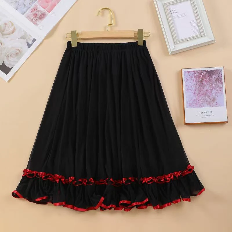 中老年半身裙女大摆网纱跳舞裙中裙中年妈妈款大码A字网纱裙子