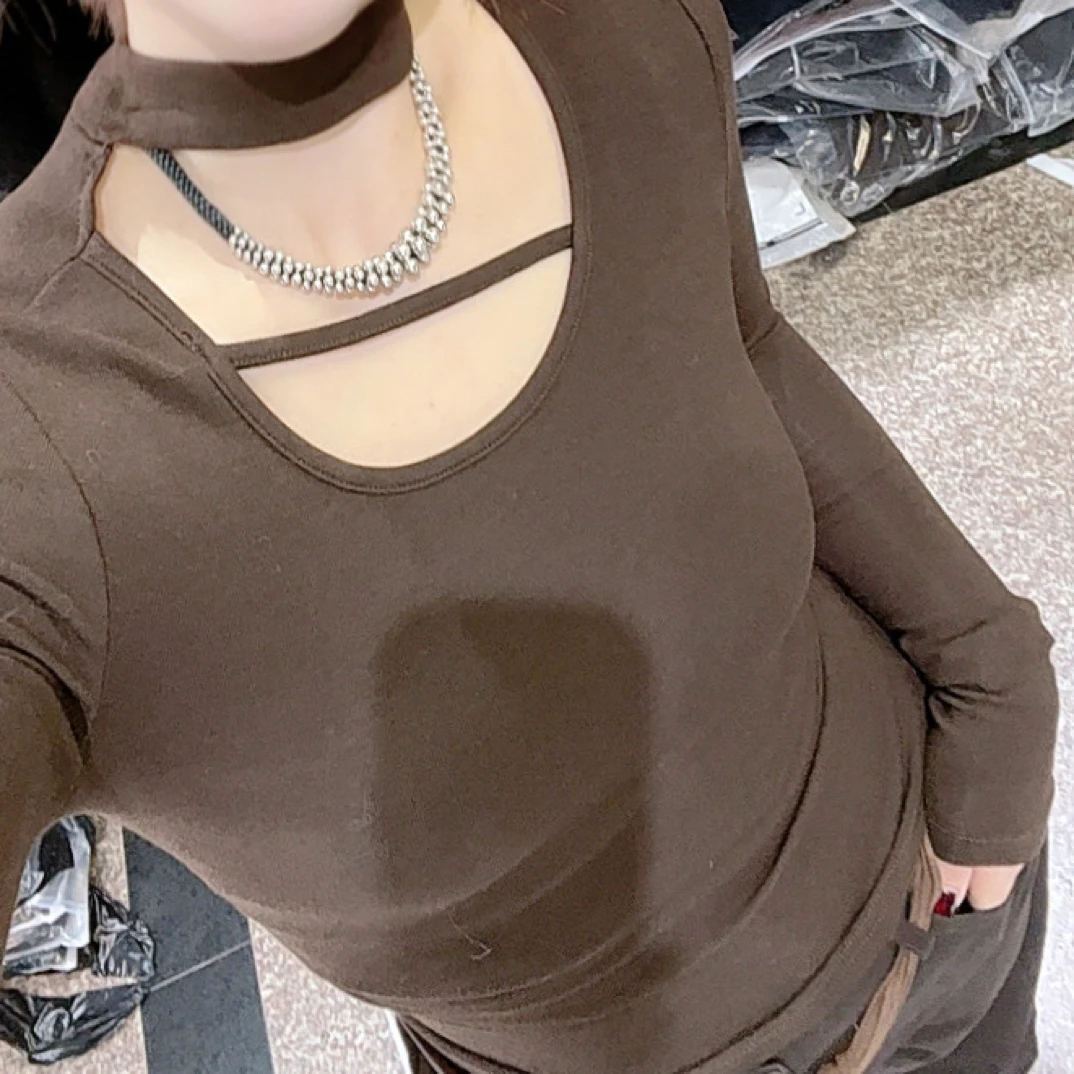 纯欲性感挂脖长袖德绒T恤秋冬磨毛修身显瘦打底衫上衣女百搭