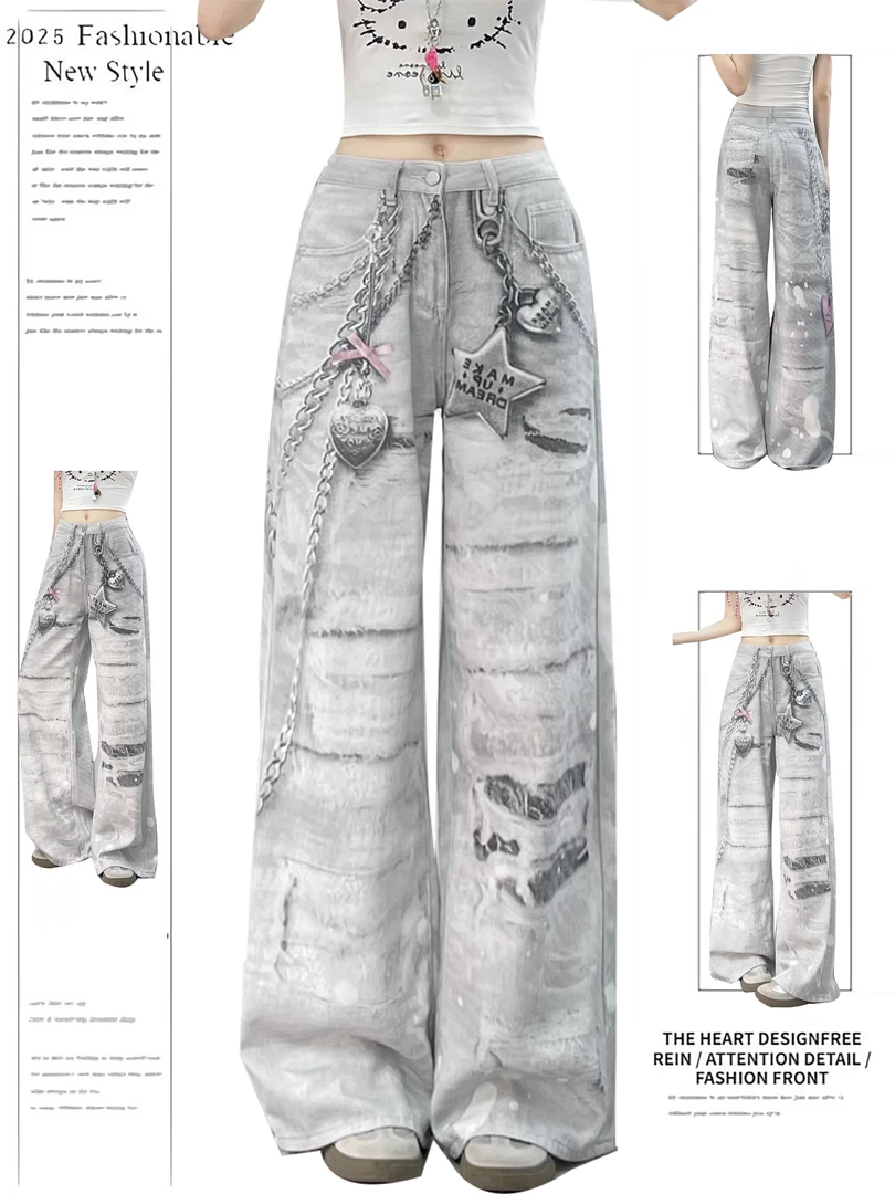 美式数码印花设计灰色牛仔裤女夏新款高腰宽松显瘦百搭直筒阔腿裤