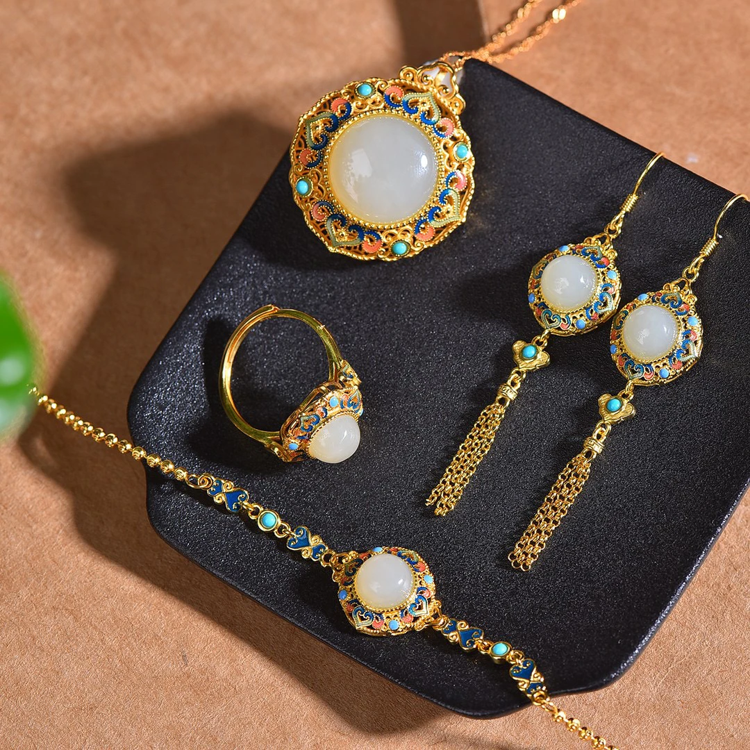 S925银镶嵌和田玉蛋面珐琅套装不含链