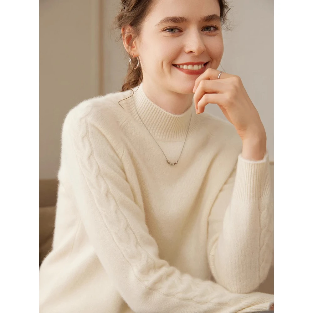 半高领绵羊毛女加厚保暖亲肤毛衣2024秋冬新款插肩袖针织宽松打底