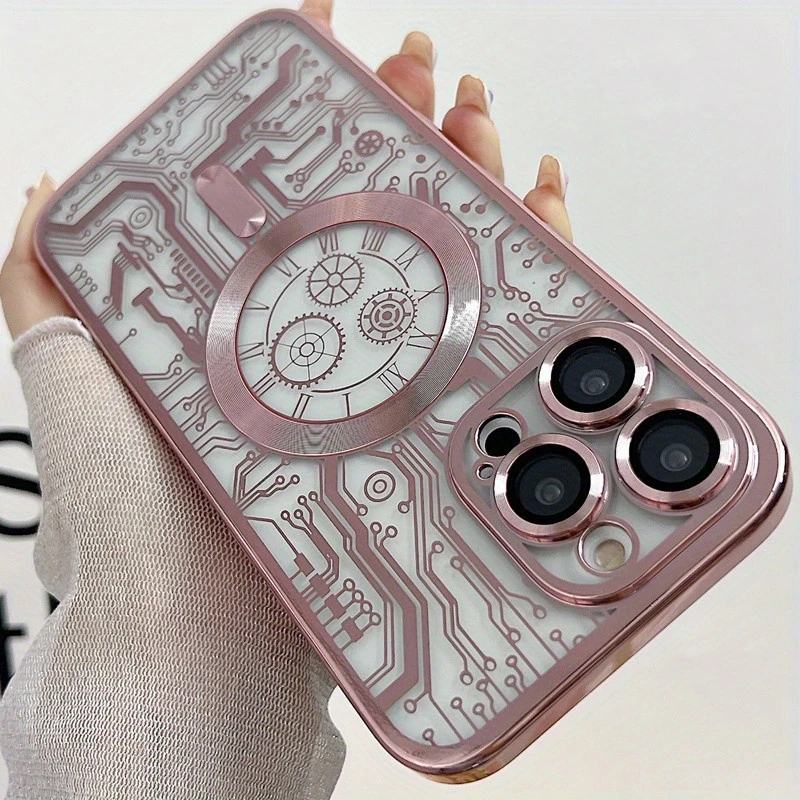 新款机械图纹手机壳适用苹果15promax电镀14pro透明1314pro手机壳