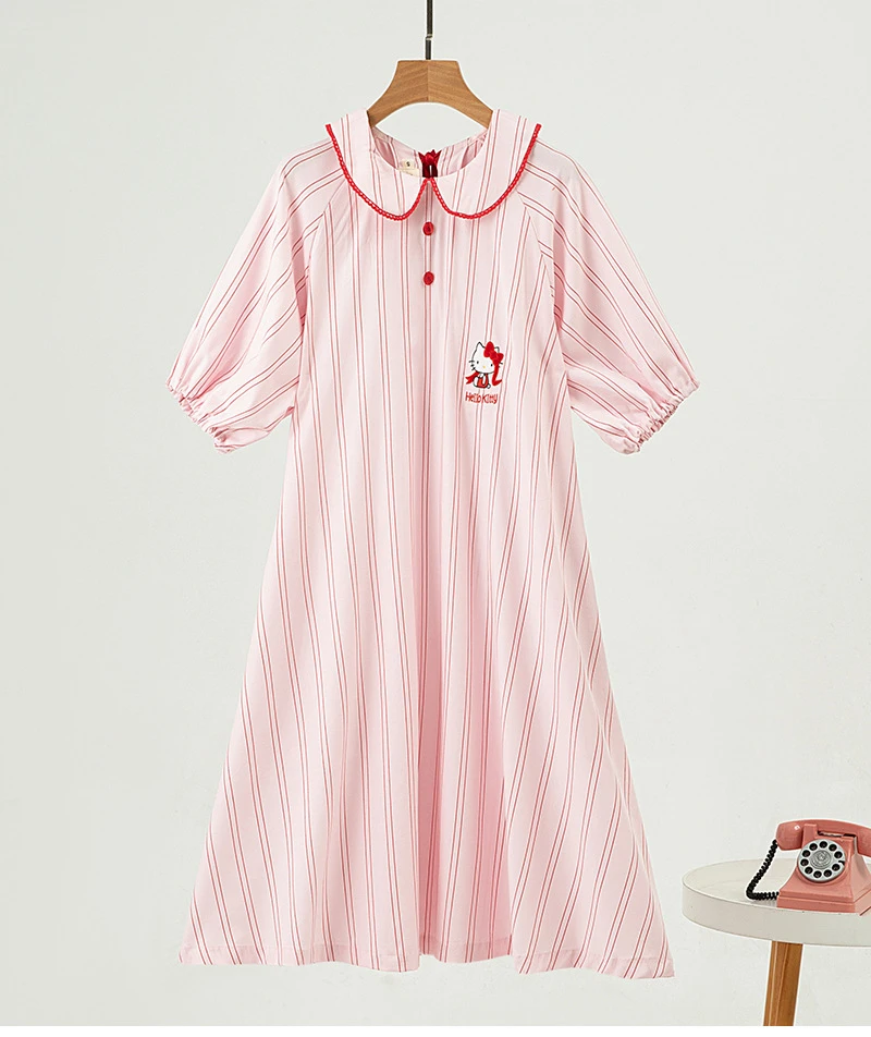 【Kitty睡裙】 -短袖-新款时潮牌四季可外穿条纹天丝棉居家服睡裙