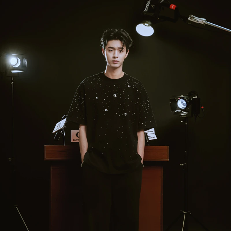 QUARTER IN NIGHT【明星同款】时尚休闲百搭短袖满身散钻T恤上衣