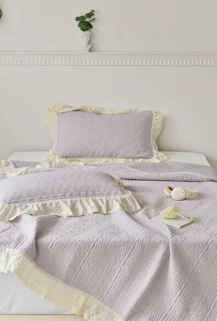 【伊美花园紫灰绗缝】245*250cm凉感超柔绗缝三件套（赠送同款枕套）