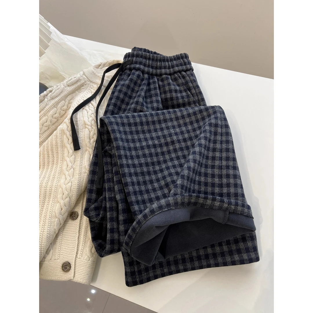 韩版复古高腰百搭直筒休闲裤女宽松加绒保暖格子裤减龄洋气冬季潮