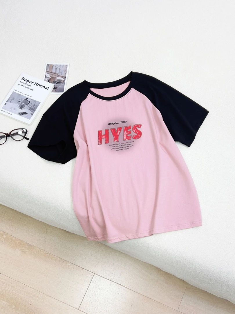 韩版撞色减龄简约百搭圆领短袖恤洋气衣服女