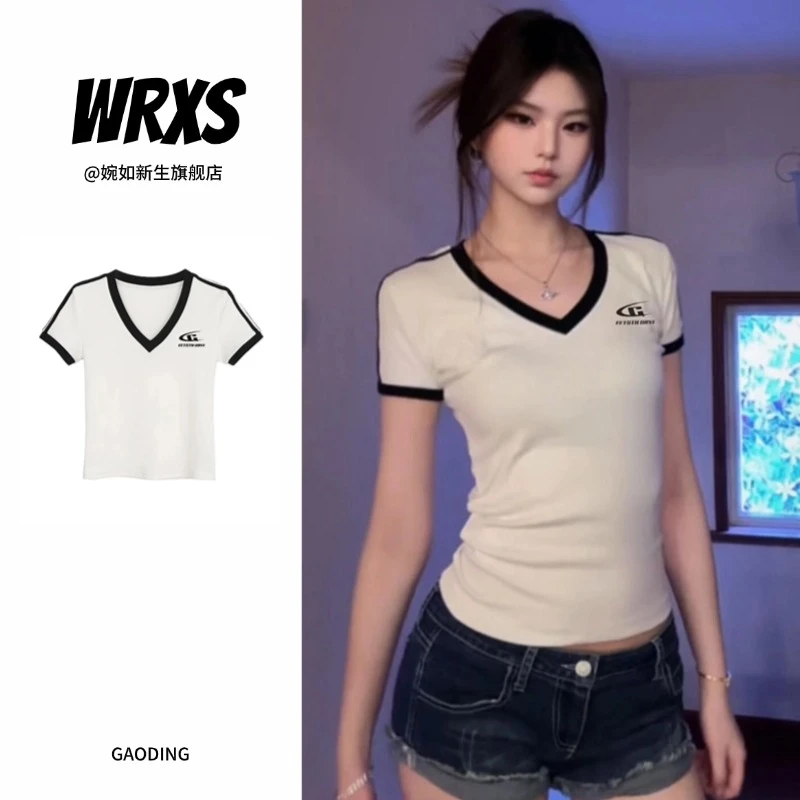 【婉如新生】美式热辣v领撞色短袖t恤女夏季小众纯欲风修身上衣气质