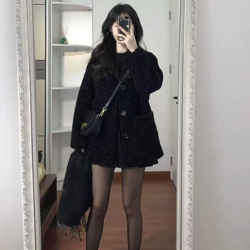 黑色皮毛一体毛外套女2025冬宽松加厚高级感百搭小个子毛绒绒大衣