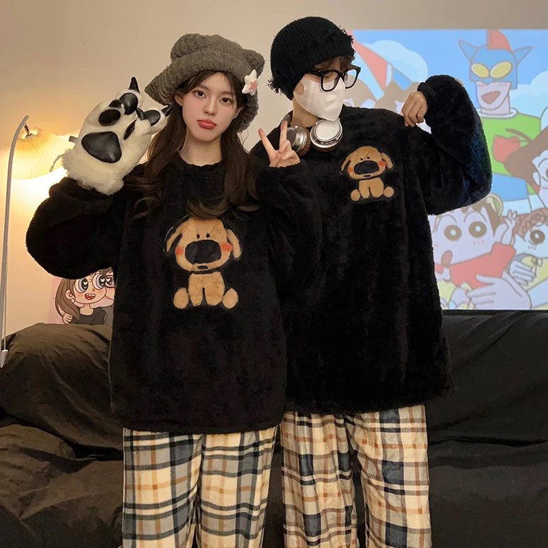 小狗珊瑚绒睡衣情侣装男女款秋冬季加绒加厚法兰绒冬天款家居服