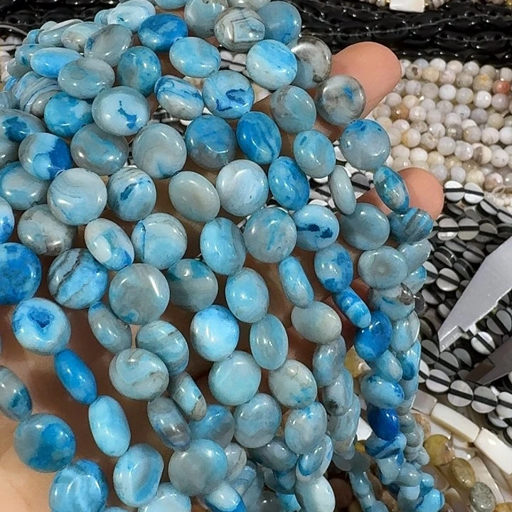 玛瑙/玉髓合金珠宝半成品一条10mm蓝色圆饼