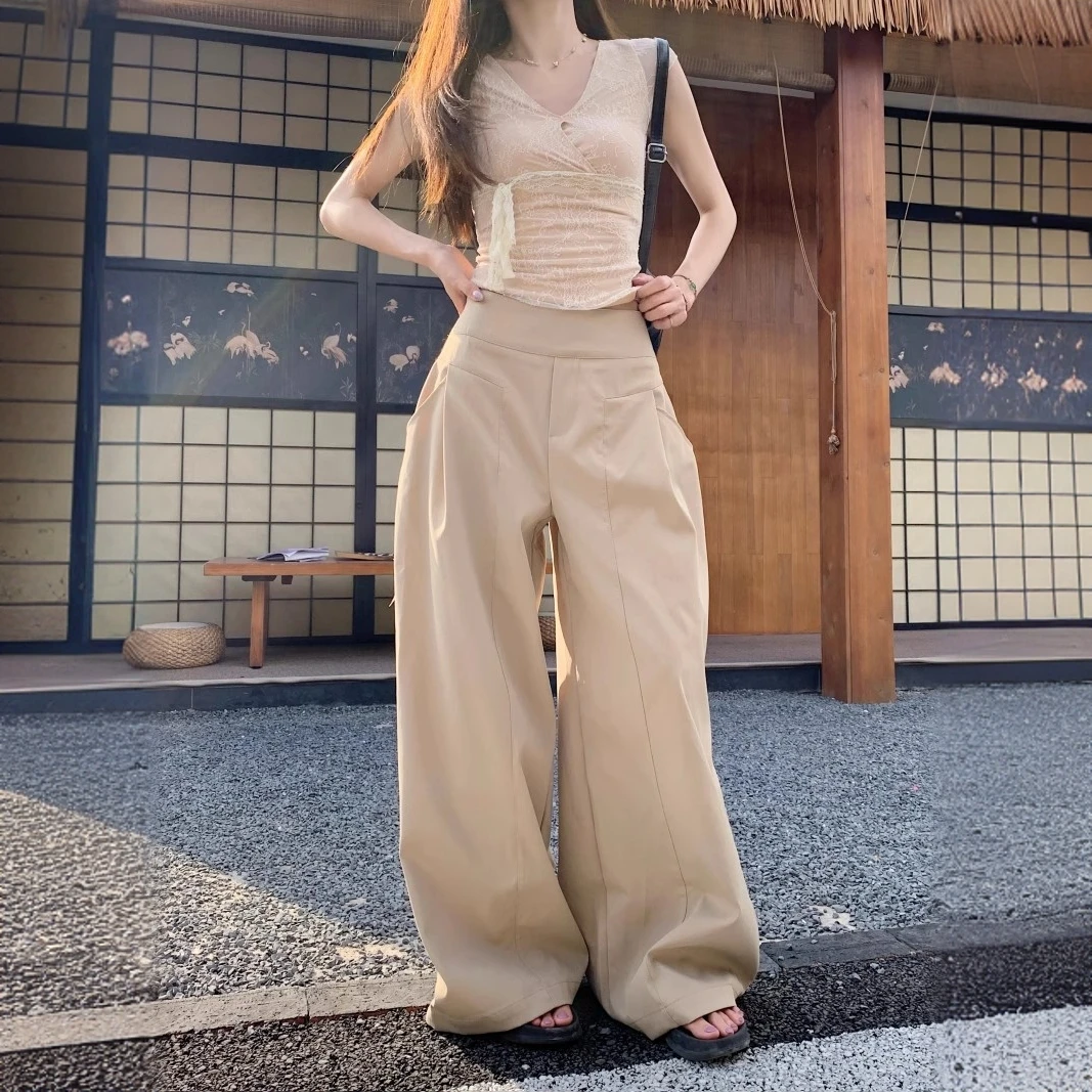 慵懒风裤子设计感卡其色休闲裤女夏季高腰显瘦宽松阔腿裤拖地长裤