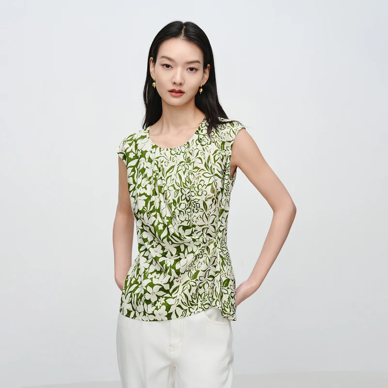 EP雅莹春装新款女装 桑蚕丝印花褶皱圆领无袖收腰衬衫2333A