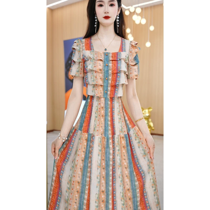 【连衣裙】夏季新款方领花色气质减龄收腰连衣裙M-4XL